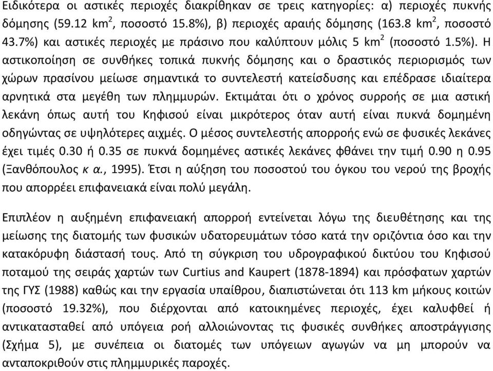 Η αστικοποίηση σε συνθήκες τοπικά πυκνής δόμησης και ο δραστικός περιορισμός των χώρων πρασίνου μείωσε σημαντικά το συντελεστή κατείσδυσης και επέδρασε ιδιαίτερα αρνητικά στα μεγέθη των πλημμυρών.