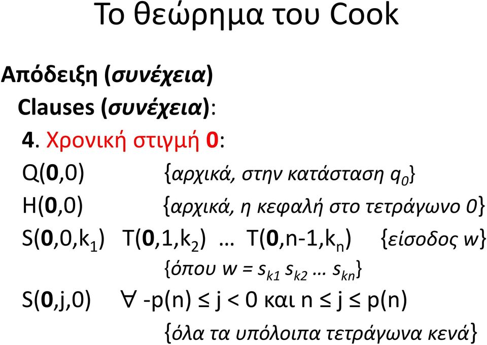 κεφαλή στο τετράγωνο 0} S(0,0,k 1 ) T(0,1,k 2 ) T(0,n-1,k n ) {είσοδος w}