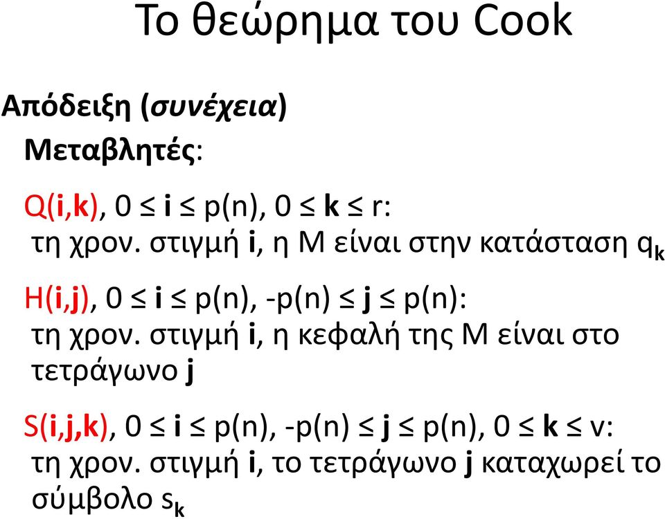 στιγμή i, η Μ είναι στην κατάσταση q k H(i,j), 0 i p(n), -p(n) j p(n): 