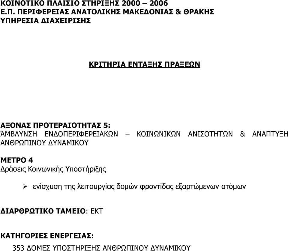 ΠΕΡΙΦΕΡΕΙΑΣ ΑΝΑΤΟΛΙΚΗΣ ΜΑΚΕΔΟΝΙΑΣ & ΘΡΑΚΗΣ ΥΠΗΡΕΣΙΑ ΔΙΑΧΕΙΡΙΣΗΣ ΚΡΙΤΗΡΙΑ ΕΝΤΑΞΗΣ ΠΡΑΞΕΩΝ ΑΞΟΝΑΣ