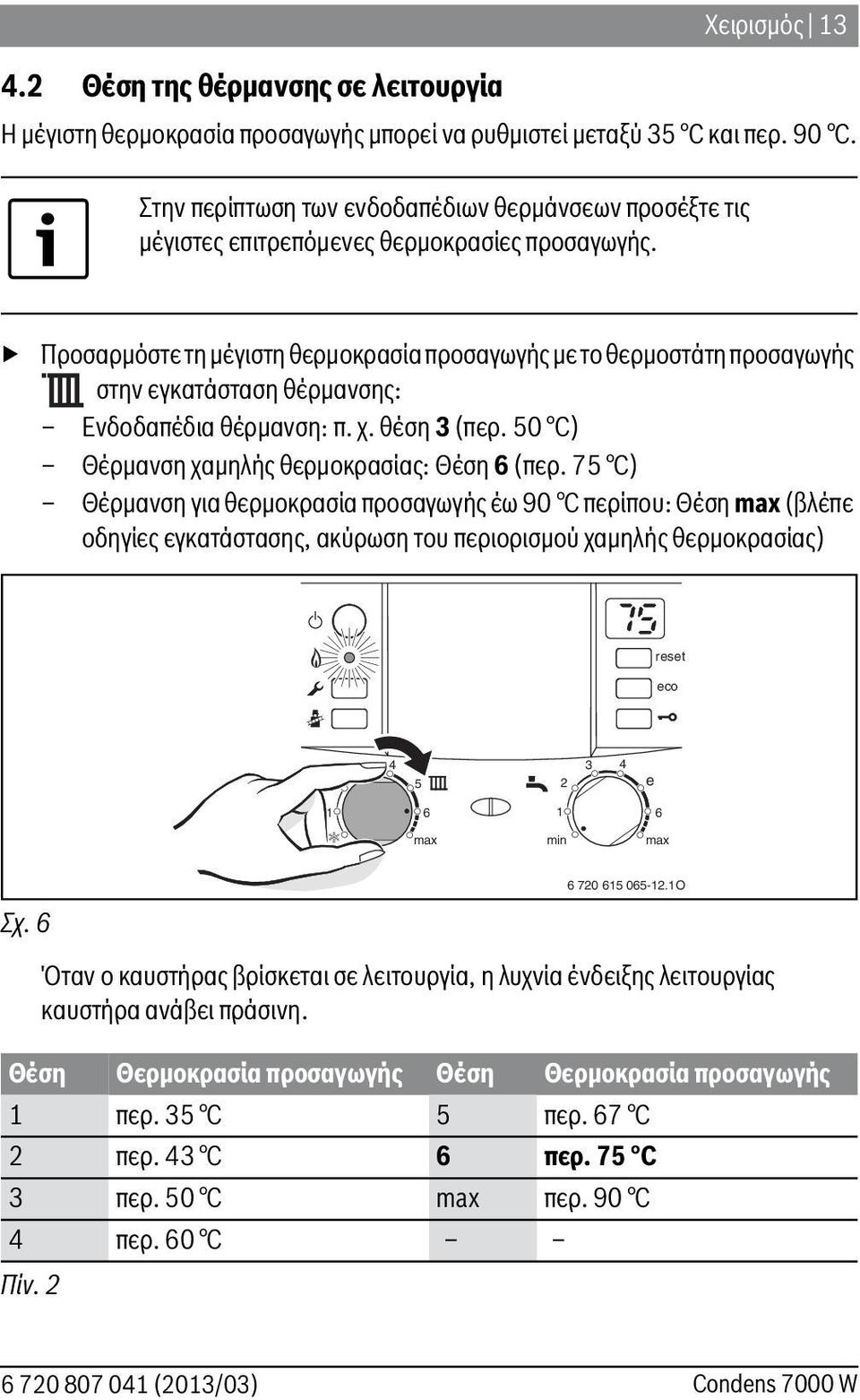 Προσαρμόστε τη μέγιστη θερμοκρασία προσαγωγής με το θερμοστάτη προσαγωγής στην εγκατάσταση θέρμανσης: Ενδοδαπέδια θέρμανση: π. χ. θέση 3 (περ. 0 C) Θέρμανση χαμηλής θερμοκρασίας: Θέση (περ.