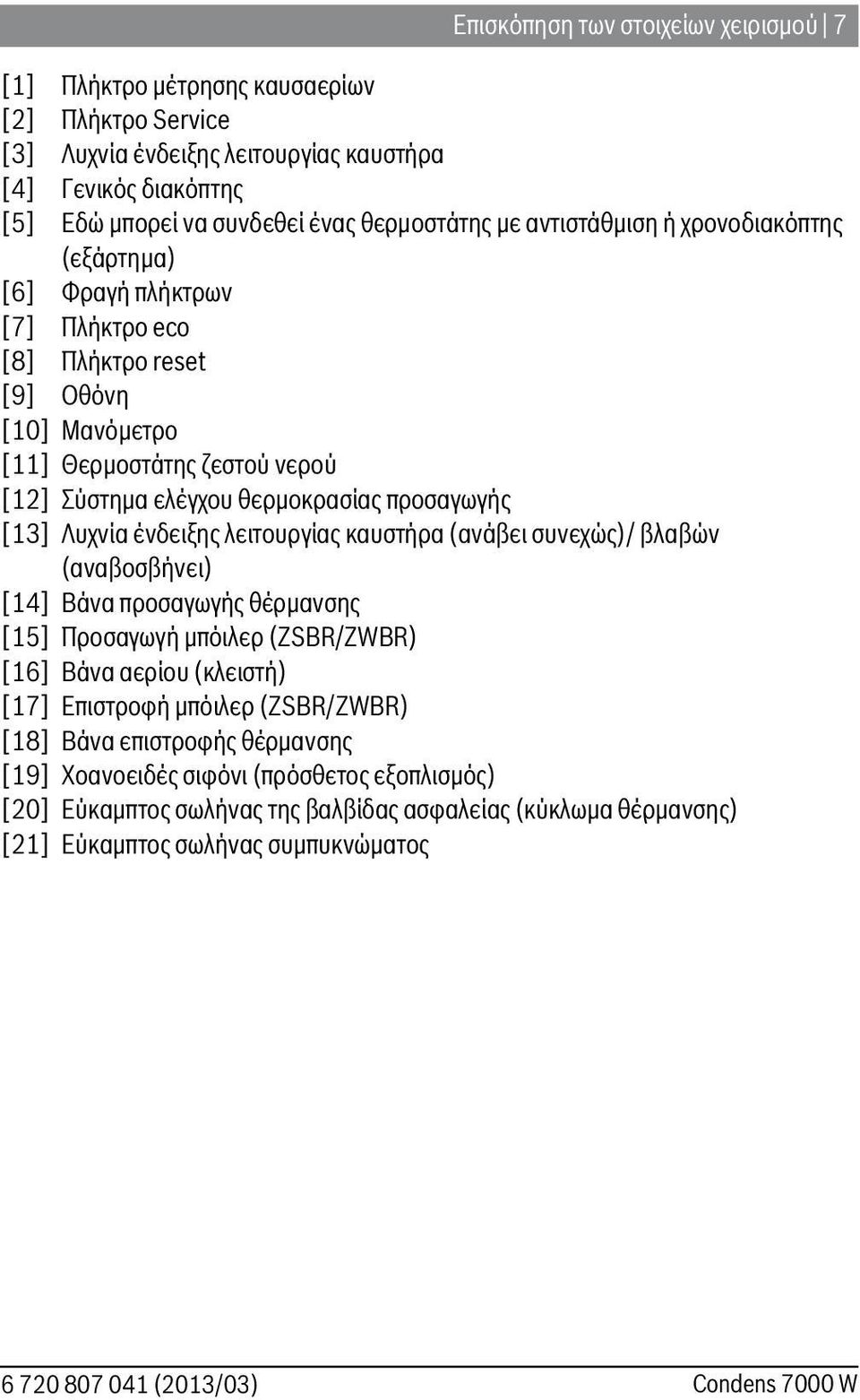 ένδειξης λειτουργίας καυστήρα (ανάβει συνεχώς)/ βλαβών (αναβοσβήνει) [4] Βάνα προσαγωγής θέρμανσης [] Προσαγωγή μπόιλερ (ZSBR/ZWBR) [] Βάνα αερίου (κλειστή) [7] Επιστροφή μπόιλερ (ZSBR/ZWBR) [8]