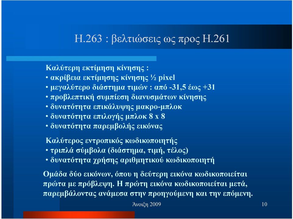 κίνησης δυνατότητα επικάλυψης µακρο-µπλοκρ µ δυνατότητα επιλογής µπλοκ 8 x 8 δυνατότητα παρεµβολής εικόνας Καλύτερος εντροπικός κωδικοποιητής