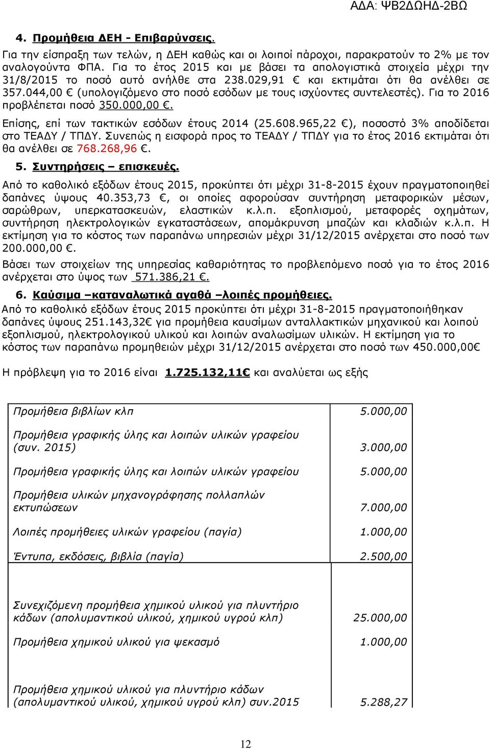 044,00 (υπολογιζόµενο στο ποσό εσόδων µε τους ισχύοντες συντελεστές). Για το 2016 προβλέπεται ποσό 350.000,00. Επίσης, επί των τακτικών εσόδων έτους 2014 (25.608.
