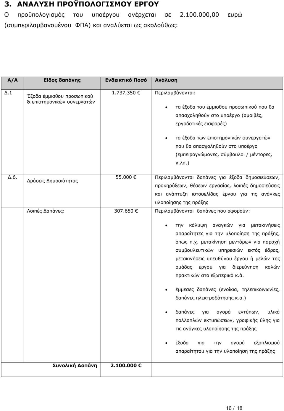 737,350 Περιλαμβάνονται: τα έξοδα του έμμισθου προσωπικού που θα απασχοληθούν στο υποέργο (αμοιβές, εργοδοτικές εισφορές) τα έξοδα των επιστημονικών συνεργατών που θα απασχοληθούν στο υποέργο