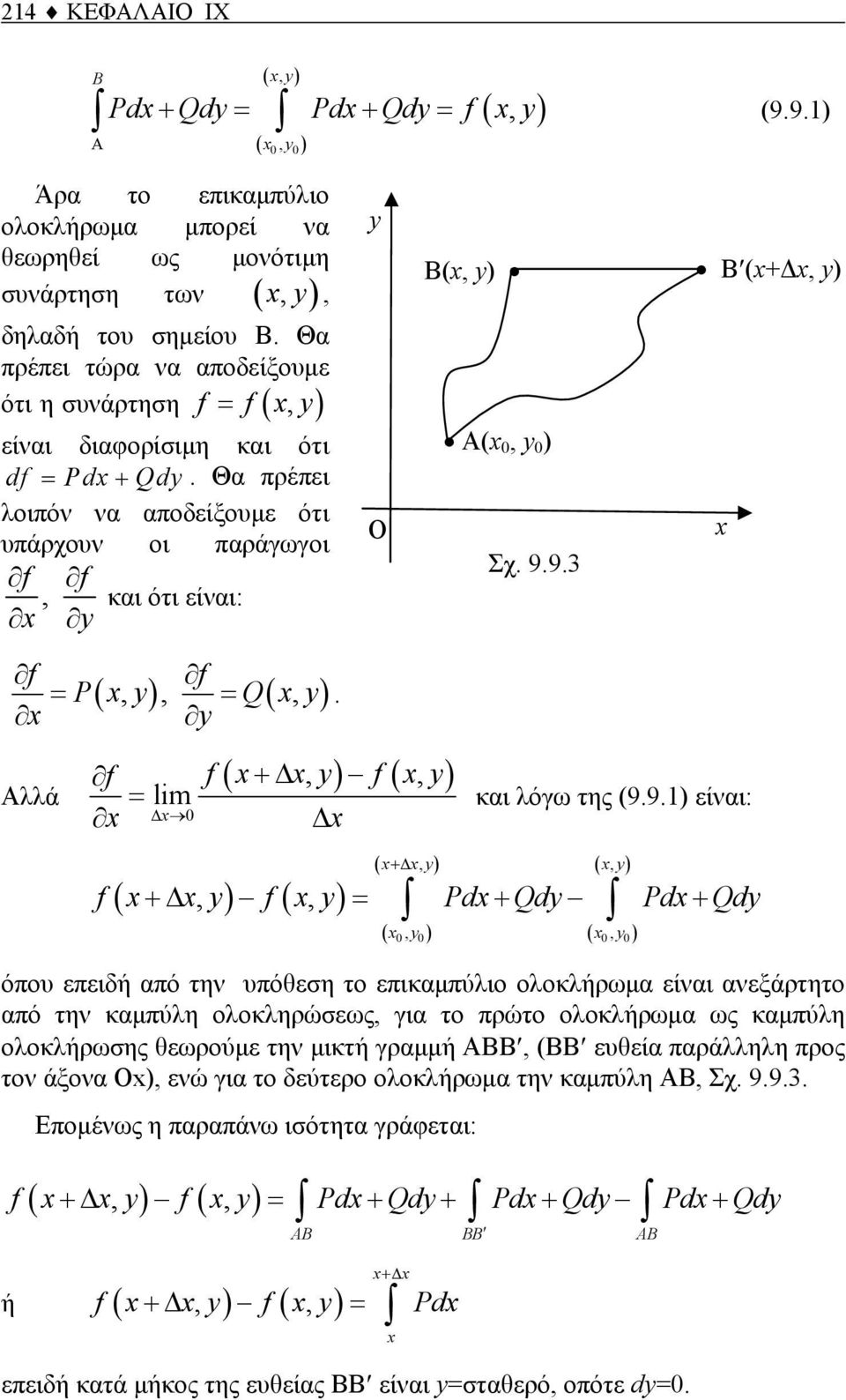 9.3 (+Δ, f f = P = Αλλά (, ), Q (, ). ( +Δ, ) (, ) f f f = lim Δ 0 Δ (, ) (, ) ( +Δ ) ( ) και λόγω της (9.9.1) είναι: ( ),, f +Δ f = Pd+ Qd Pd+ Qd ( ) 0, 0 0, 0 όπου επειδή από την υπόθεση το