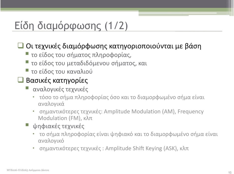 διαμορφωμένο σήμα είναι αναλογικά σημαντικότερες τεχνικές: Amplitude Modulation (AM), Frequency Modulation (FM), κλπ ψηφιακές