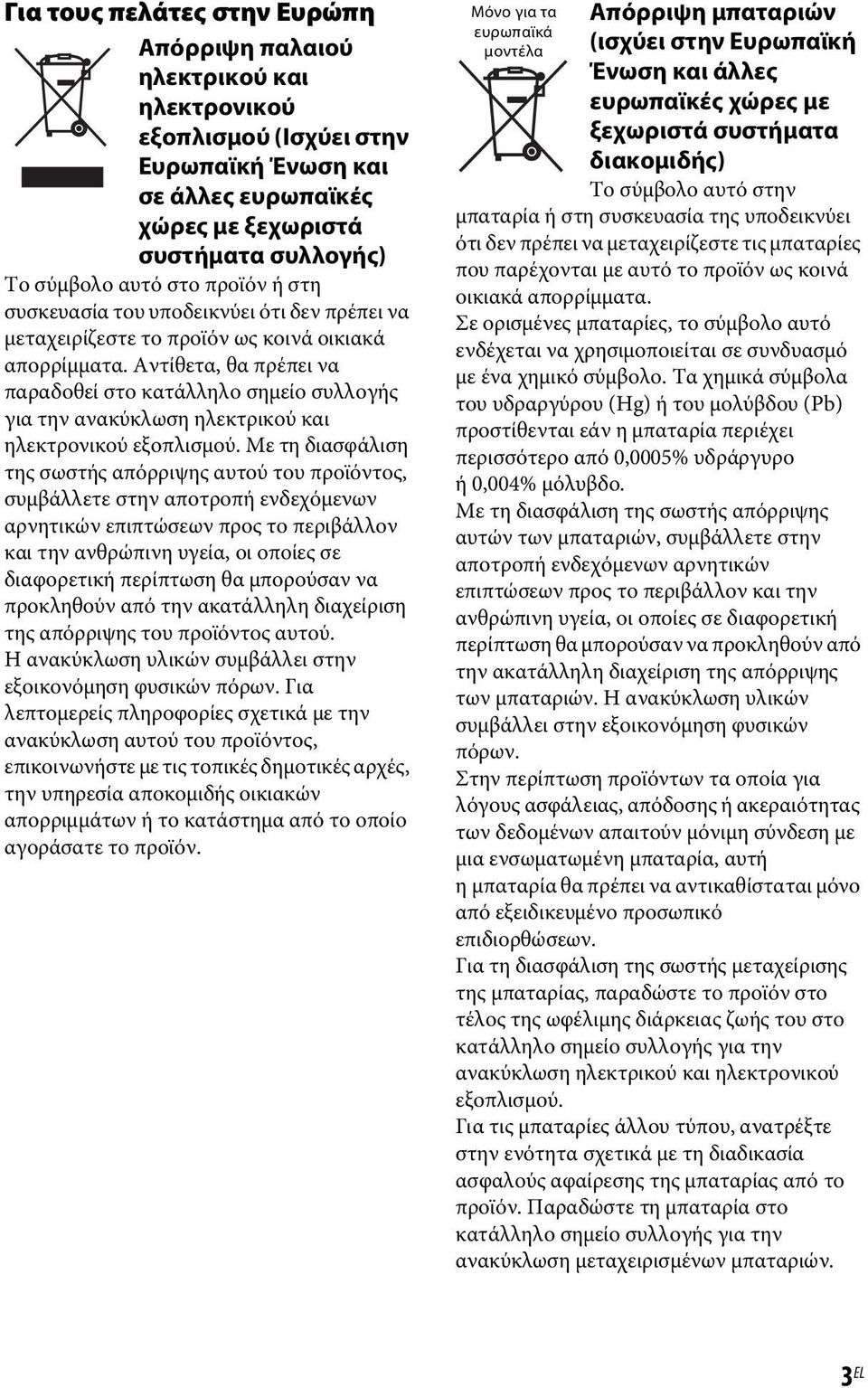 Αντίθετα, θα πρέπει να παραδοθεί στο κατάλληλο σημείο συλλογής για την ανακύκλωση ηλεκτρικού και ηλεκτρονικού εξοπλισμού.