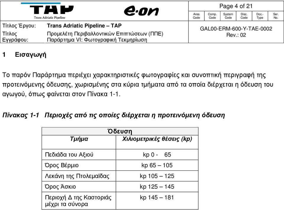 Πίνακας 1-1 Περιοχές από τις οποίες διέρχεται η προτεινόµενη όδευση Τµήµα Όδευση Χιλιοµετρικές θέσεις (kp) Πεδιάδα του Αξιού