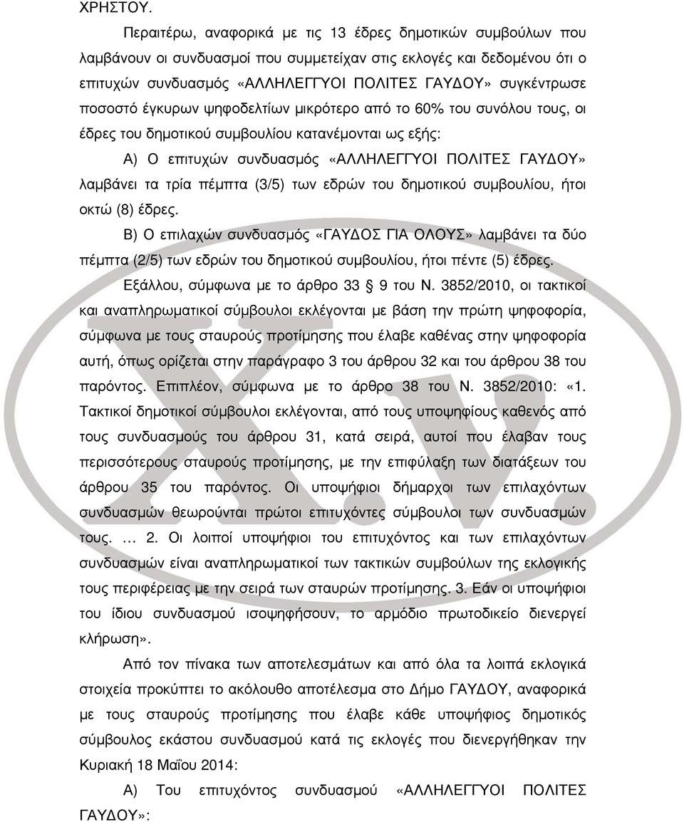 ποσοστό έγκυρων ψηφοδελτίων μικρότερο από το 60% του συνόλου τους, οι έδρες του δημοτικού συμβουλίου κατανέμονται ως εξής: Α) Ο επιτυχών συνδυασμός «ΑΛΛΗΛΕΓΓΥΟΙ ΠΟΛΙΤΕΣ ΓΑΥΔΟΥ» λαμβάνει τα τρία