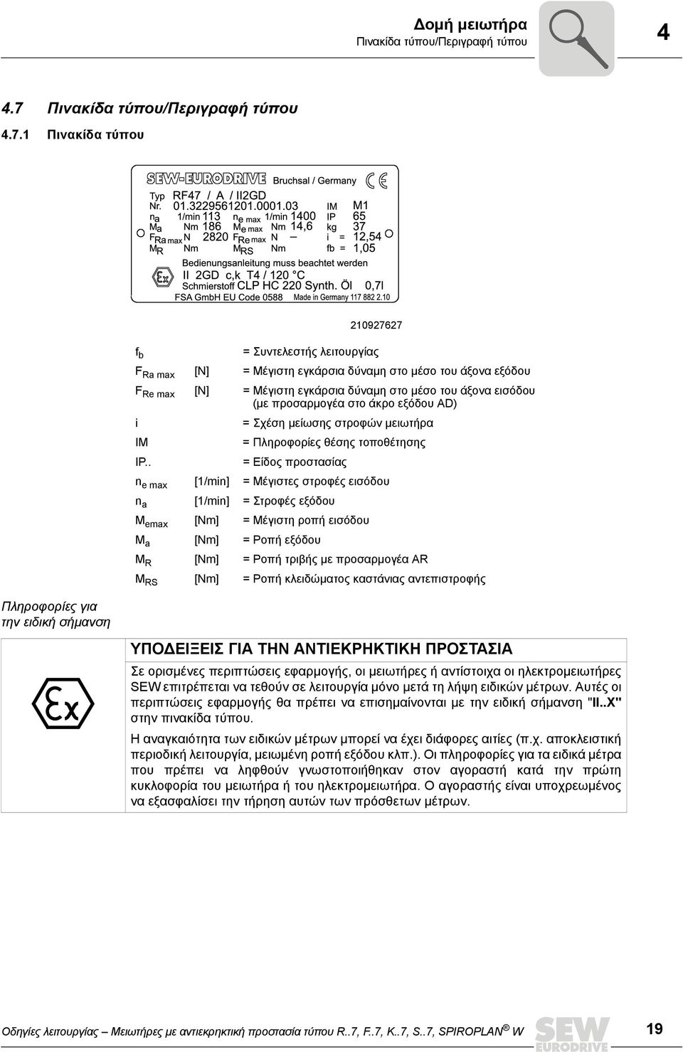 1 Πινακίδα τύπου 210927627 f b = Συντελεστής λειτουργίας F Ra max [N] = Μέγιστη εγκάρσια δύναμη στο μέσο του άξονα εξόδου F Re max [N] = Μέγιστη εγκάρσια δύναμη στο μέσο του άξονα εισόδου (με