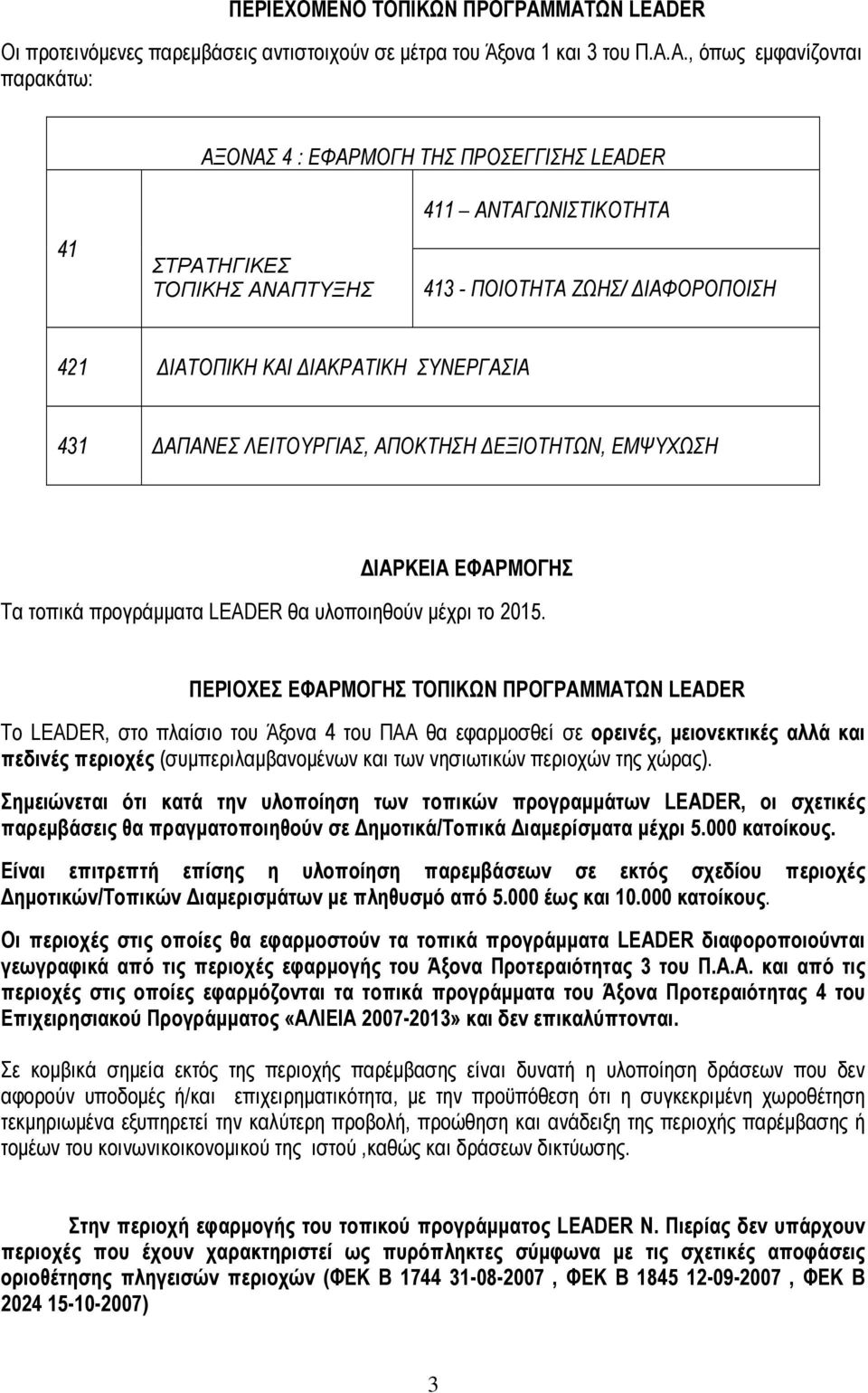 ΑΝΑΠΤΥΞΗΣ 411 ΑΝΤΑΓΩΝΙΣΤΙΚΟΤΗΤΑ 413 - ΠΟΙΟΤΗΤΑ ΖΩΗΣ/ ΔΙΑΦΟΡΟΠΟΙΣΗ 421ΤΡ ΔΙΑΤΟΠΙΚΗ ΚΑΙ ΔΙΑΚΡΑΤΙΚΗ ΣΥΝΕΡΓΑΣΙΑ 431 ΔΑΠΑΝΕΣ ΛΕΙΤΟΥΡΓΙΑΣ, ΑΠΟΚΤΗΣΗ ΔΕΞΙΟΤΗΤΩΝ, ΕΜΨΥΧΩΣΗ ΔΙΑΡΚΕΙΑ ΕΦΑΡΜΟΓΗΣ Τα τοπικά