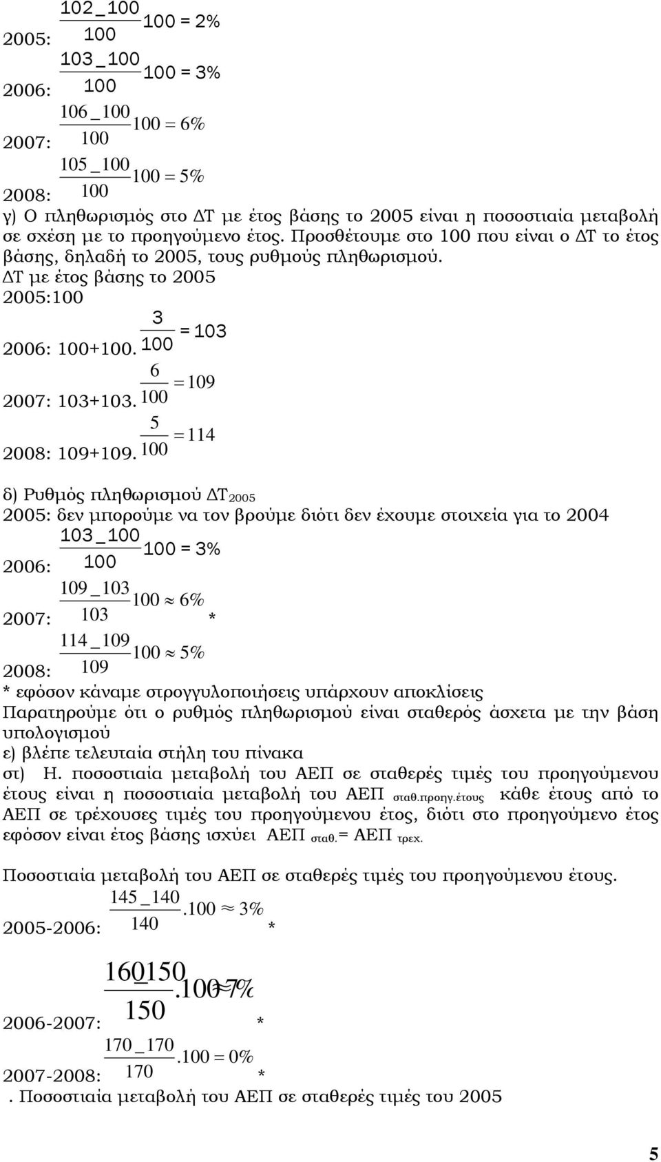 δ) Ρυθµός πληθωρισµού Τ 2005 2005: δεν µπορούµε να τον βρούµε διότι δεν έχουµε στοιχεία για το 2004 103_ =3% 2006: 109 _103 6% 2007: 103 * 114 _109 5% 2008: 109 * εφόσον κάναµε στρογγυλοποιήσεις