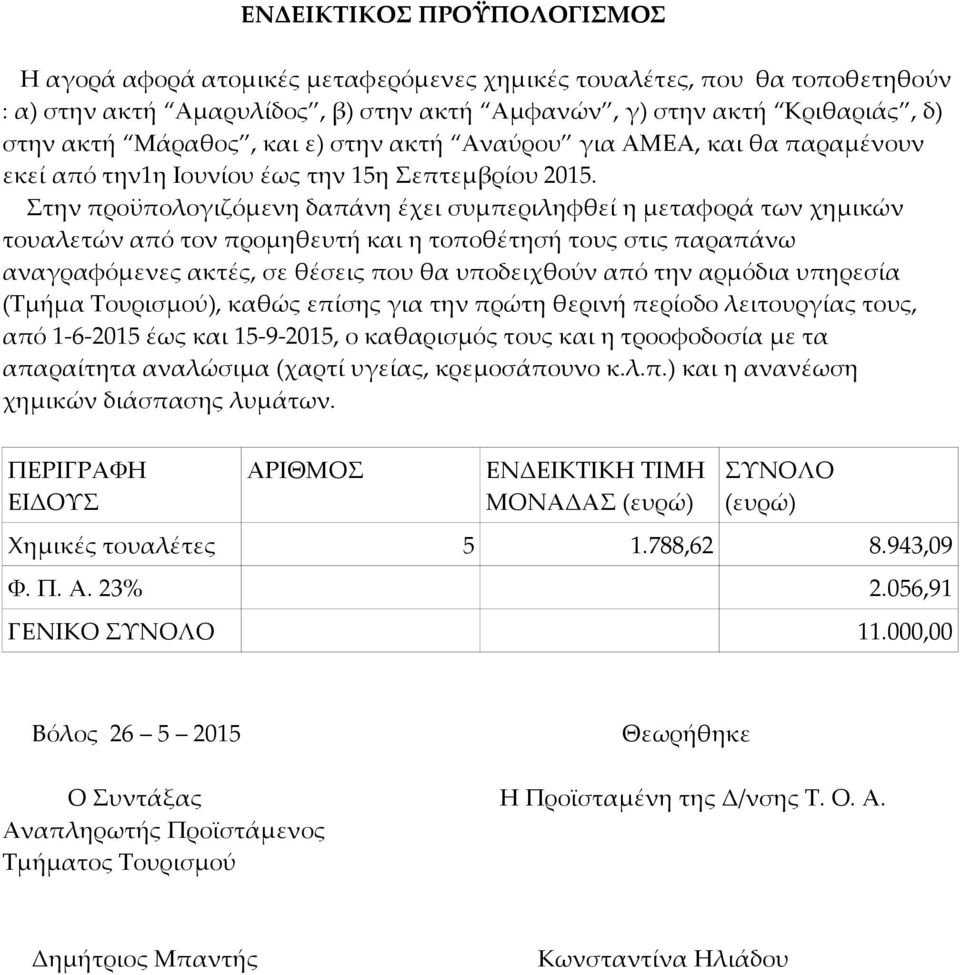 Στην προϋπολογιζόμενη δαπάνη έχει συμπεριληφθεί η μεταφορά των χημικών τουαλετών από τον προμηθευτή και η τοποθέτησή τους στις παραπάνω αναγραφόμενες ακτές, σε θέσεις που θα υποδειχθούν από την