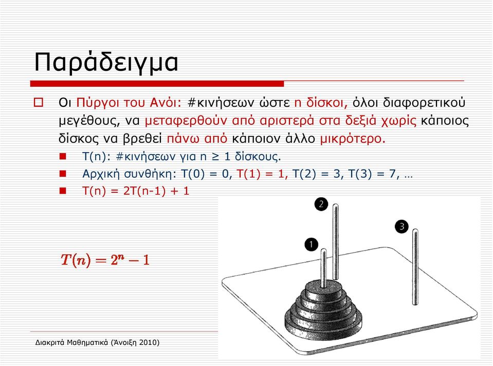 άλλο μικρότερο. T(n): #κινήσεων για n 1 δίσκους.