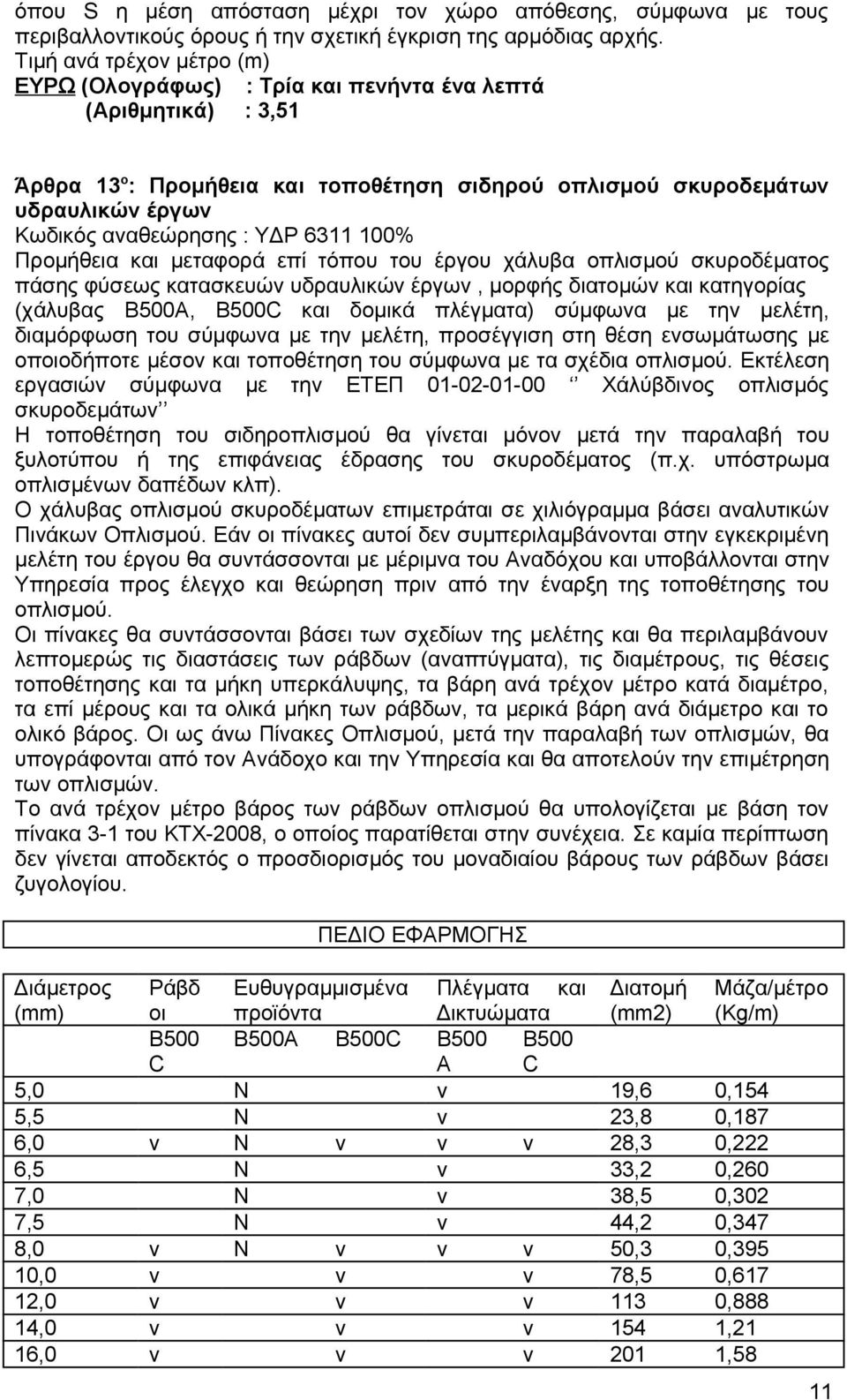 ΥΔΡ 6311 100% Προμήθεια και μεταφορά επί τόπου του έργου χάλυβα οπλισμού σκυροδέματος πάσης φύσεως κατασκευών υδραυλικών έργων, μορφής διατομών και κατηγορίας (χάλυβας B500A, B500C και δομικά
