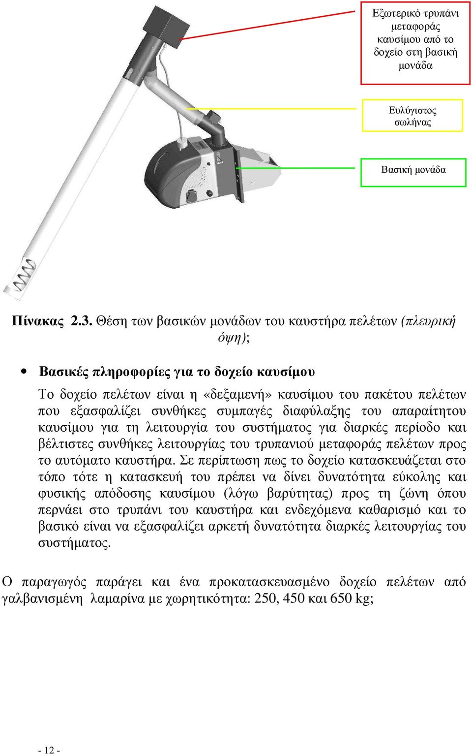 συµπαγές διαφύλαξης του απαραίτητου καυσίµου για τη λειτουργία του συστήµατος για διαρκές περίοδο και βέλτιστες συνθήκες λειτουργίας του τρυπανιού µεταφοράς πελέτων προς το αυτόµατο καυστήρα.