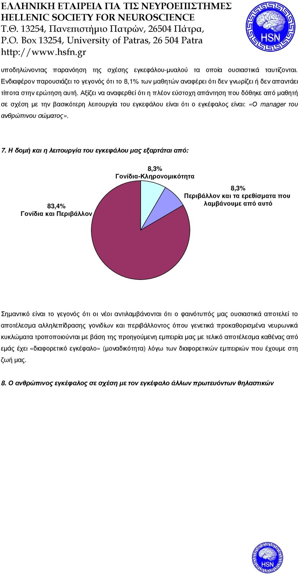 Αξίζει να αναφερθεί ότι η πλέον εύστοχη απάντηση που δόθηκε από µαθητή σε σχέση µε την βασικότερη λειτουργία του εγκεφάλου είναι ότι ο εγκέφαλος είναι: «Ο manager του ανθρώπινου σώµατος». 7.