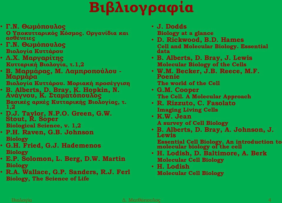 Stout, R. Soper Biological Science, v. 1,2 P.H. Raven, G.B. Johnson Biology G.H. Fried, G.J. Hademenos Biology E.P. Solomon, L. Berg, D.W. Martin Biology R.A. Wallace, G.P. Sanders, R.J. Ferl Biology, The Science of Life J.