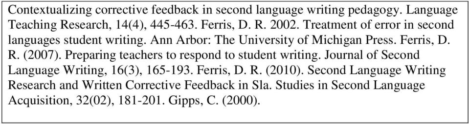 Preparing teachers to respond to student writing. Journal of Second Language Writing, 16(3), 165-193. Ferris, D. R. (2010).
