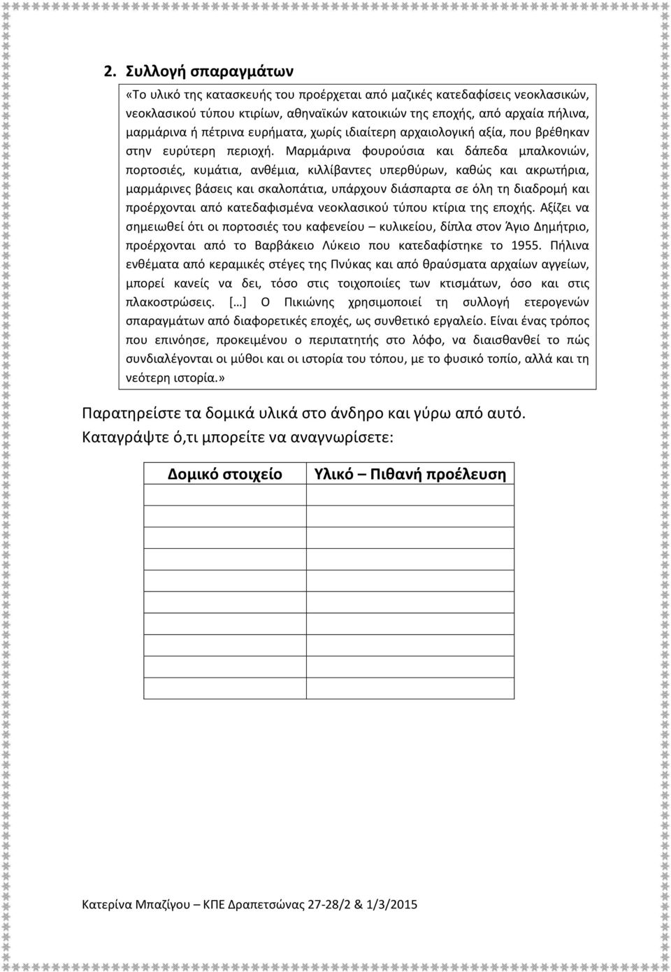 Μαρμάρινα φουρούσια και δάπεδα μπαλκονιών, πορτοσιές, κυμάτια, ανθέμια, κιλλίβαντες υπερθύρων, καθώς και ακρωτήρια, μαρμάρινες βάσεις και σκαλοπάτια, υπάρχουν διάσπαρτα σε όλη τη διαδρομή και