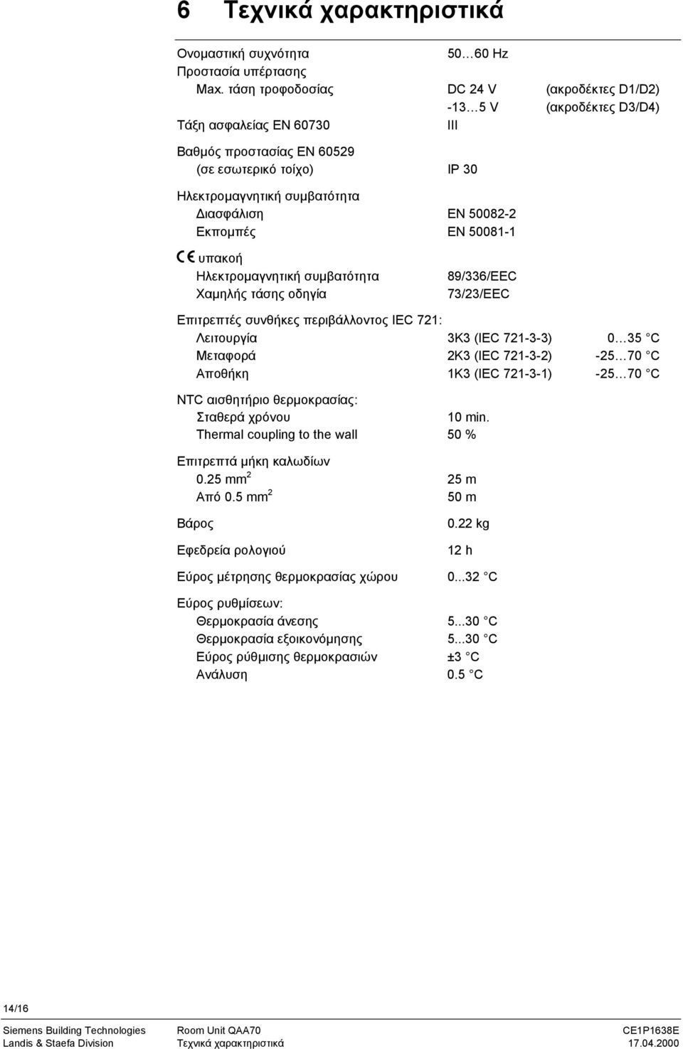 50082-2 Εκποµπές EN 50081-1 υπακοή Ηλεκτροµαγνητική συµβατότητα Χαµηλής τάσης οδηγία 89/336/EEC 73/23/EEC Επιτρεπτές συνθήκες περιβάλλοντος IEC 721: Λειτουργία 3K3 (IEC 721-3-3) 0 35 C Μεταφορά 2K3