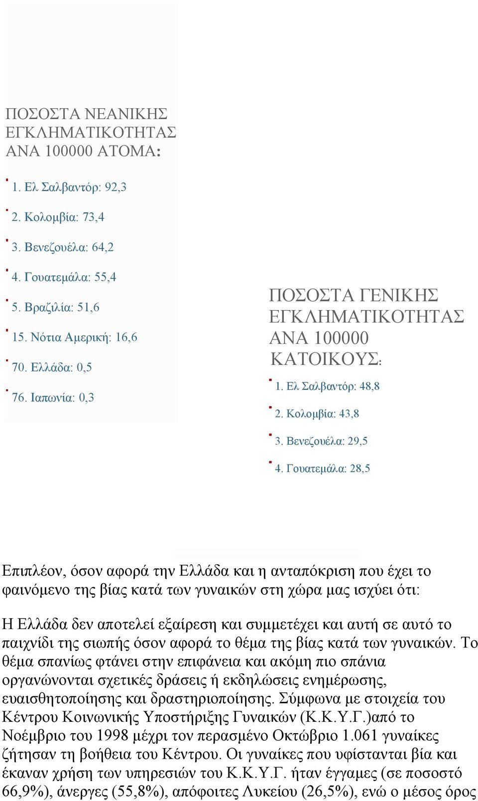 Γουατεμάλα: 28,5 Επιπλέον, όσον αφορά την Ελλάδα και η ανταπόκριση που έχει το φαινόμενο της βίας κατά των γυναικών στη χώρα μας ισχύει ότι: Η Ελλάδα δεν αποτελεί εξαίρεση και συμμετέχει και αυτή σε