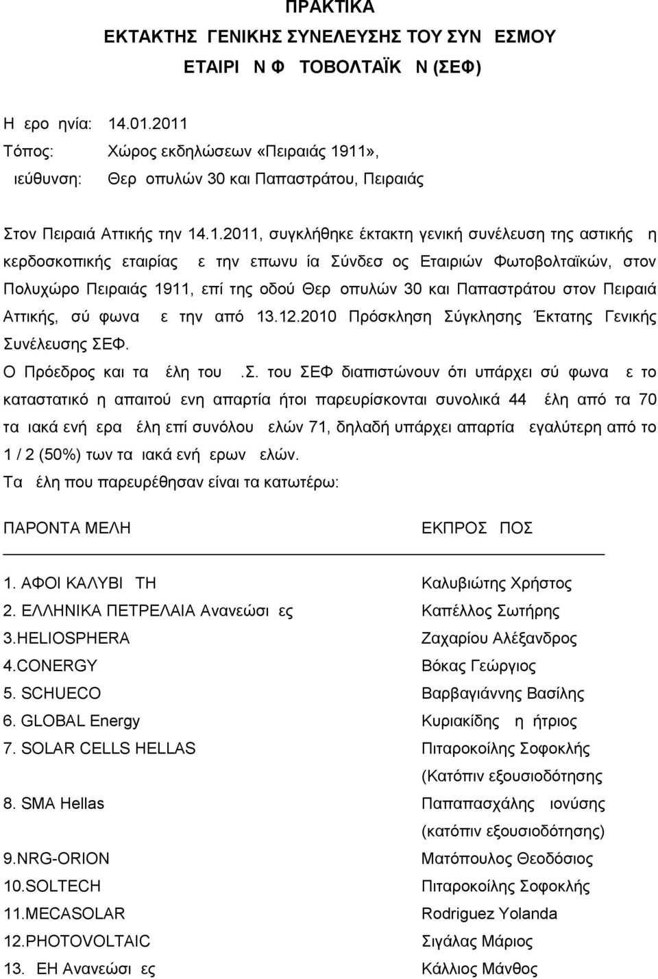 εταιρίας με την επωνυμία Σύνδεσμος Εταιριών Φωτοβολταϊκών, στον Πολυχώρο Πειραιάς 1911, επί της οδού Θερμοπυλών 30 και Παπαστράτου στον Πειραιά Αττικής, σύμφωνα με την από 13.12.