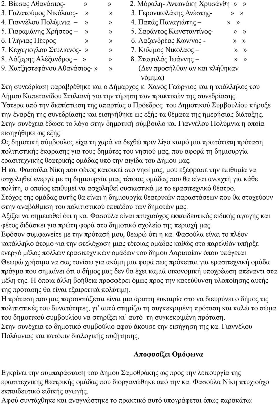 Χατζηστεφάνου Αθανάσιος-»» (Δεν προσήλθαν αν και κλήθηκαν νόµιµα) Στη συνεδρίαση παραβρέθηκε και ο Δήµαρχος κ.