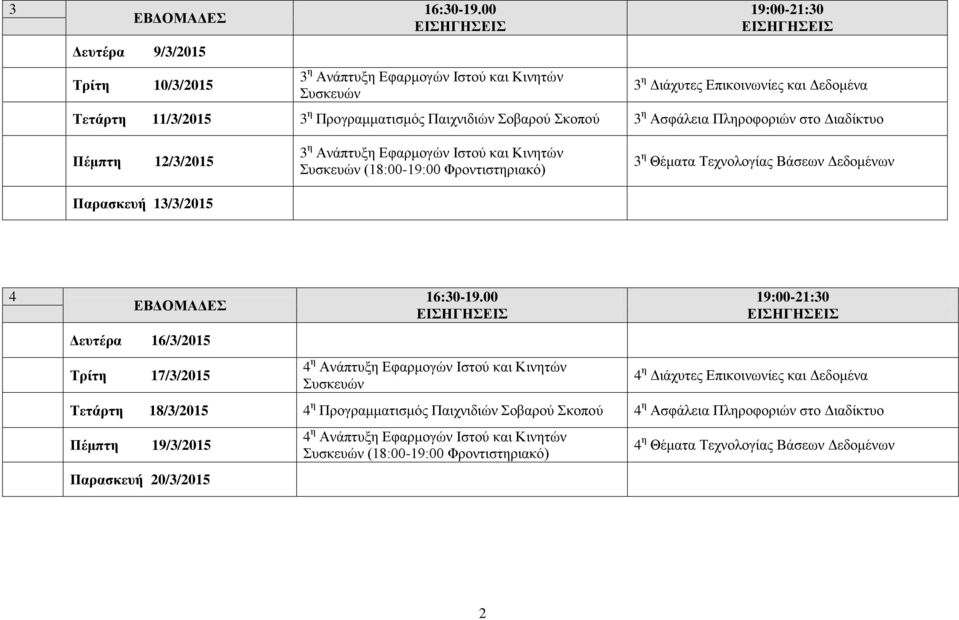 4 Δευτέρα 16/3/2015 Τρίτη 17/3/2015 4 η Ανάπτυξη Εφαρμογών Ιστού και Κινητών 4 η Διάχυτες Επικοινωνίες και Δεδομένα Τετάρτη 18/3/2015 4 η Προγραμματισμός Παιχνιδιών Σοβαρού Σκοπού 4