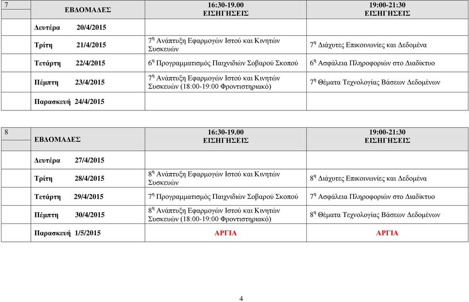 Δευτέρα 27/4/2015 Τρίτη 28/4/2015 8 η Ανάπτυξη Εφαρμογών Ιστού και Κινητών 8 η Διάχυτες Επικοινωνίες και Δεδομένα Τετάρτη 29/4/2015 7 η Προγραμματισμός Παιχνιδιών Σοβαρού Σκοπού 7 η