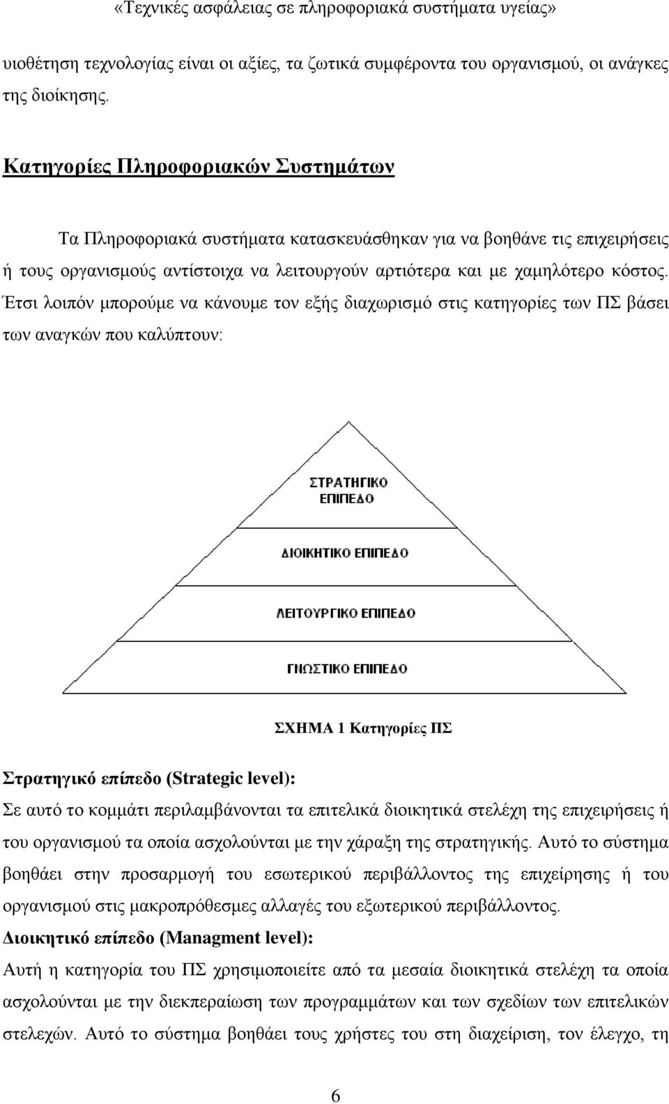 Έτσι λοιπόν μπορούμε να κάνουμε τον εξής διαχωρισμό στις κατηγορίες των ΠΣ βάσει των αναγκών που καλύπτουν: ΣΧΗΜΑ 1 Κατηγορίες ΠΣ Στρατηγικό επίπεδο (Strategic level): Σε αυτό το κομμάτι