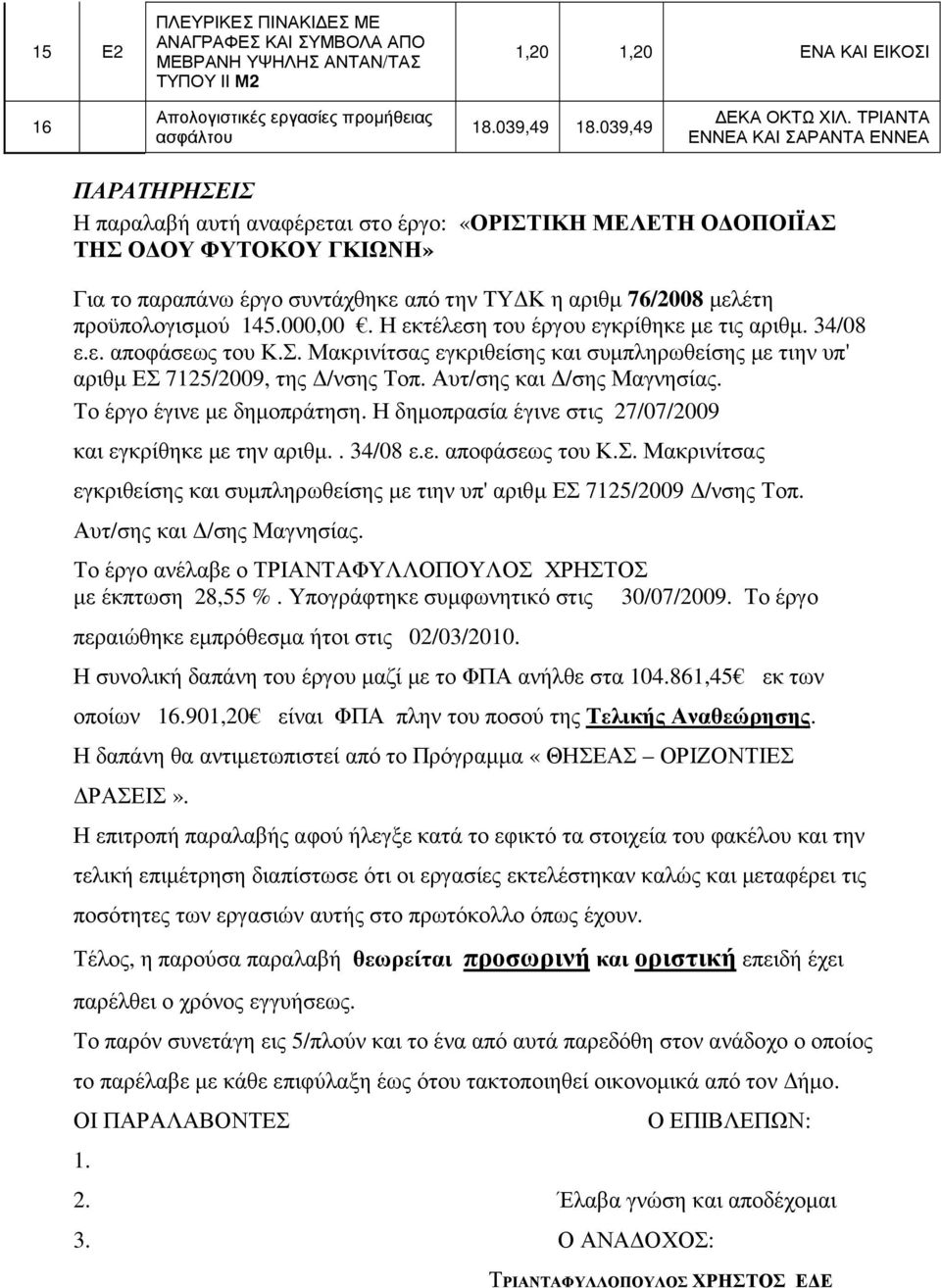 µελέτη προϋπολογισµού 145.000,00. Η εκτέλεση του έργου εγκρίθηκε µε τις αριθµ. 34/08 ε.ε. αποφάσεως του Κ.Σ. Μακρινίτσας εγκριθείσης και συµπληρωθείσης µε τιην υπ' αριθµ ΕΣ 7125/2009, της /νσης Τοπ.