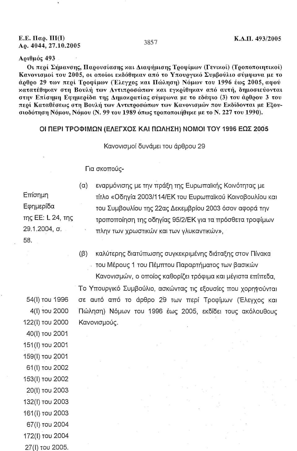 Τροφίμων (Έλεγχος και Πώληση) Νόμων του 1996 έως 2005, αφού κατατέθηκαν στη Βουλ11 των Αντιπροσώπων και εγκρίθηκαν από αυτ11, δημοσιεύονται στην Επίσημη Εφημερίδα της Δημοκρατίας σ1μφωνα με το εδάφιο