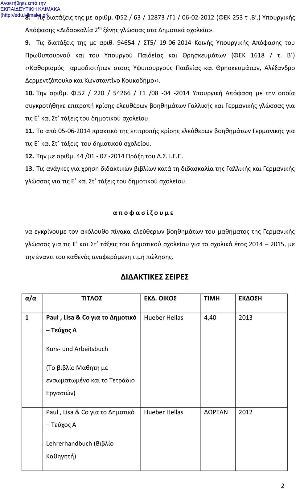 52 / 220 / 54266 / Γ1 /08-04 -2014 Υπουργική Απόφαση με την οποία συγκροτήθηκε επιτροπή κρίσης ελευθέρων βοηθημάτων Γαλλικής και Γερμανικής γλώσσας για τις Ε και Στ τάξεις του δημοτικού σχολείου. 11.