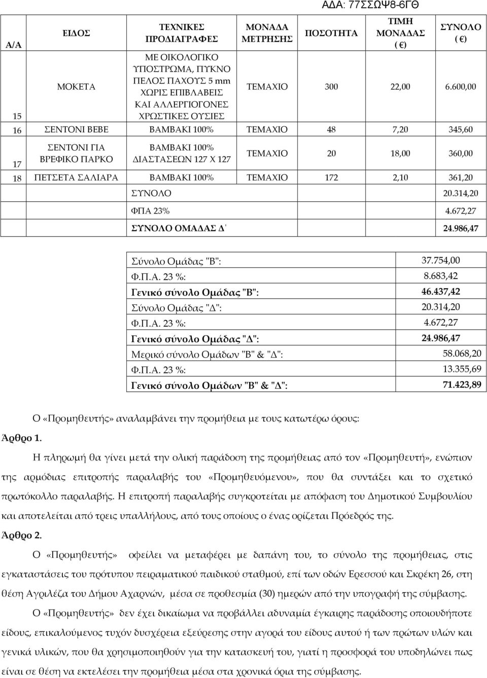 986,47 Σύνολο Ομάδας "Β": 37.754,00 Φ.Π.Α. 23 %: 8.683,42 Γενικό σύνολο Ομάδας "Β": 46.437,42 Σύνολο Ομάδας "Δ": 20.314,20 Φ.Π.Α. 23 %: 4.672,27 Γενικό σύνολο Ομάδας "Δ": 24.