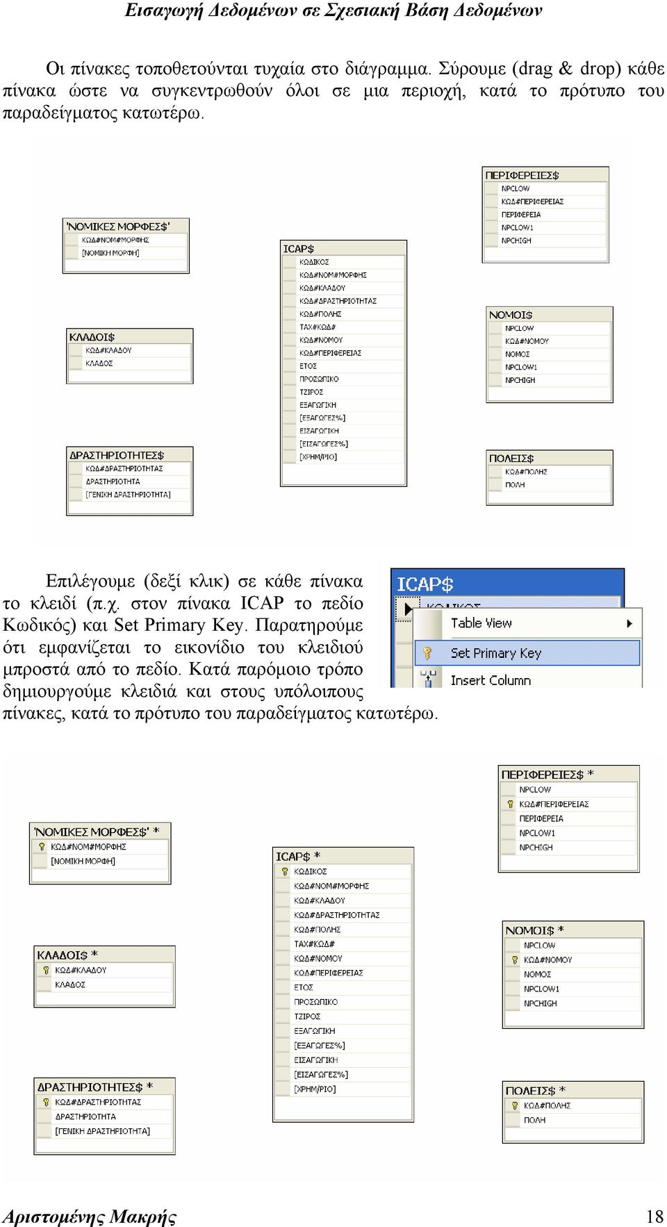 Επιλέγουμε (δεξί κλικ) σε κάθε πίνακα το κλειδί (π.χ. στον πίνακα ICAP το πεδίο Κωδικός) και Set Primary Key.