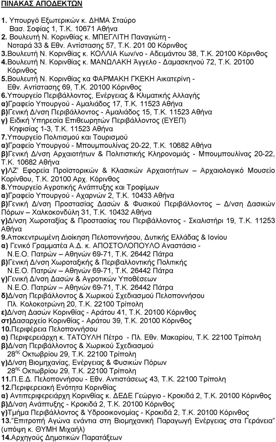 Αντίστασης 69, Τ.Κ. 20100 Κόρινθος 6.Υπουργείο Περιβάλλοντος, Ενέργειας & Κλιματικής Αλλαγής α)γραφείο Υπουργού - Αμαλιάδος 17, Τ.Κ. 11523 Αθήνα β)γενική Δ/νση Περιβάλλοντος - Αμαλιάδος 15, Τ.Κ. 11523 Αθήνα γ) Ειδική Υπηρεσία Επιθεωρητών Περιβάλλοντος (ΕΥΕΠ) Κηφισίας 1-3, Τ.