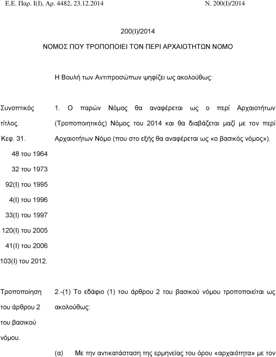 Ο παρών Νόμος θα αναφέρεται ως ο περί Αρχαιοτήτων (Τροποποιητικός) Νόμος του 2014 και θα διαβάζεται μαζί με τον περί Αρχαιοτήτων Νόμο (που στο εξής θα