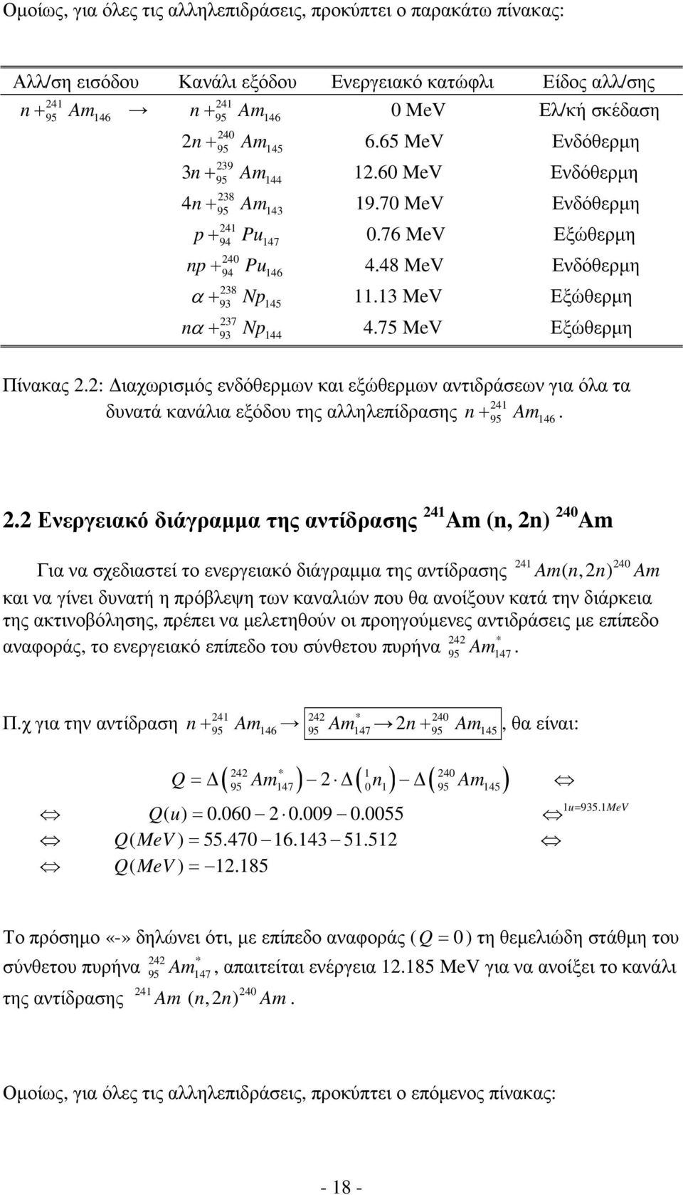 13 MeV Εξώθερµη 238 93 145 nα + Np 4.75 MeV Εξώθερµη 237 93 144 Πίνακας 2.2: ιαχωρισµός ενδόθερµων και εξώθερµων αντιδράσεων για όλα τα 241 δυνατά κανάλια εξόδου της αλληλεπίδρασης n+ Am. 95 146 2.
