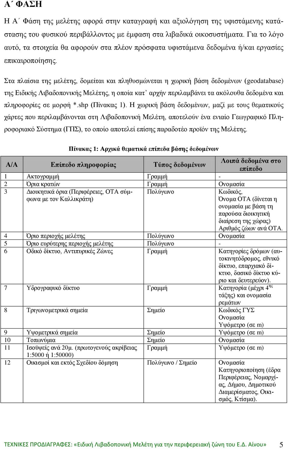Στα πλαίσια της μελέτης, δομείται και πληθυσμώνεται η χωρική βάση δεδομένων (geodatabase) της Ειδικής Λιβαδοπονικής Μελέτης, η οποία κατ αρχήν περιλαμβάνει τα ακόλουθα δεδομένα και πληροφορίες σε