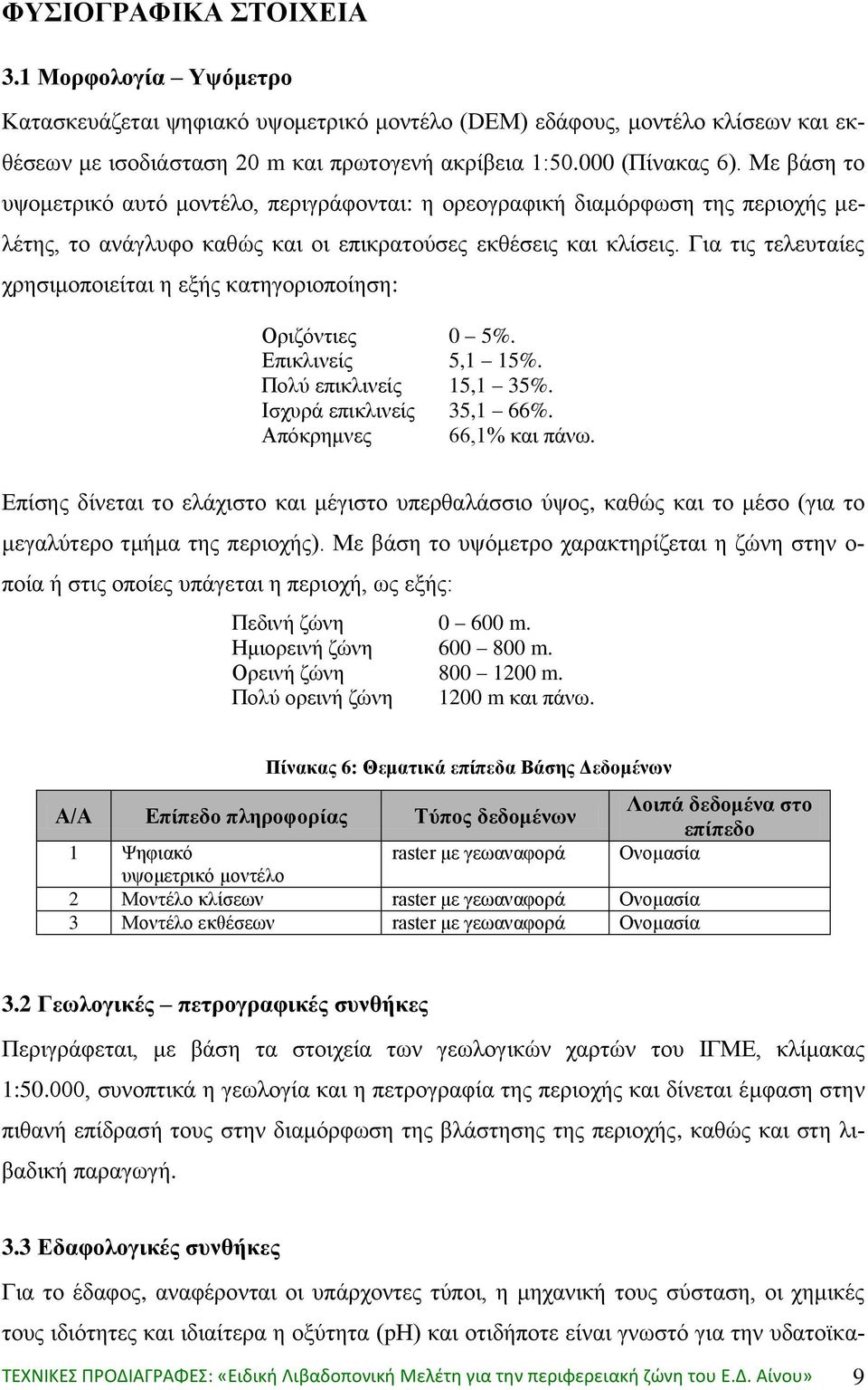 Για τις τελευταίες χρησιμοποιείται η εξής κατηγοριοποίηση: Οριζόντιες 0 5%. Επικλινείς 5,1 15%. Πολύ επικλινείς 15,1 35%. Ισχυρά επικλινείς 35,1 66%. Απόκρημνες 66,1% και πάνω.