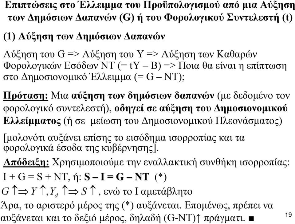 Δημοσιονομικού Ελλείμματος (ή σε μείωση του Δημοσιονομικού Πλεονάσματος) [μολονότι αυξάνει επίσης το εισόδημα ισορροπίας και τα φορολογικά έσοδα της κυβέρνησης].