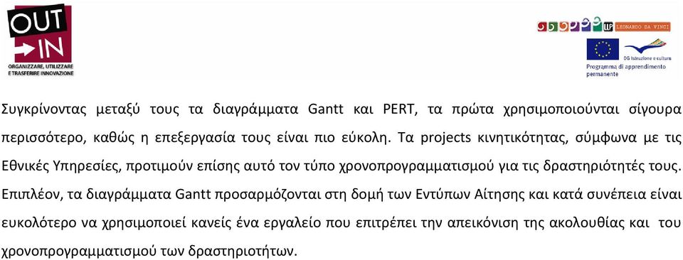 Τα projects κινητικότητας, σύμφωνα με τις Εθνικές Υπηρεσίες, προτιμούν επίσης αυτό τον τύπο χρονοπρογραμματισμού για τις