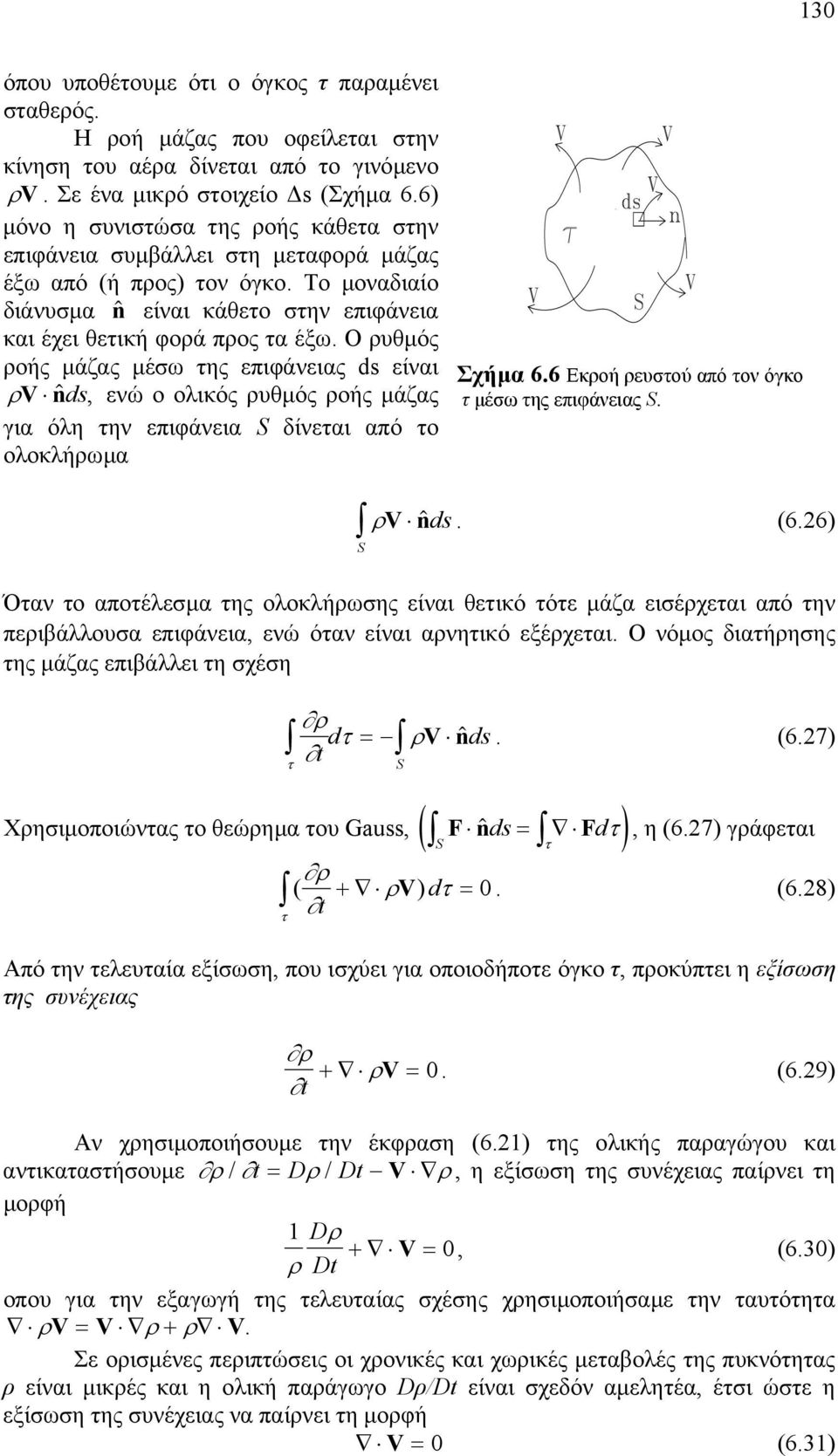 Ο ρυθµός ροής µάζας µέσω της επιφάνειας ds είναι ρv n$ ds, ενώ ο ολικός ρυθµός ροής µάζας για όλη την επιφάνεια S δίνεται από το ολοκλήρωµα Σχήµα 6.
