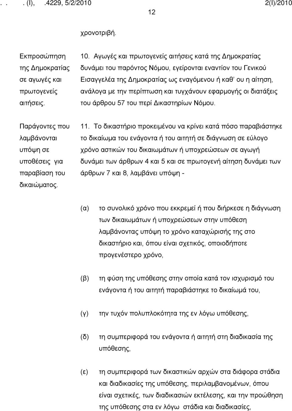 και τυγχάνουν εφαρμογής οι διατάξεις του άρθρου 57 του περί Δικαστηρίων Νόμου. Παράγοντες που λαμβάνονται υπόψη σε υποθέσεις για παραβίαση του δικαιώματος. 11.