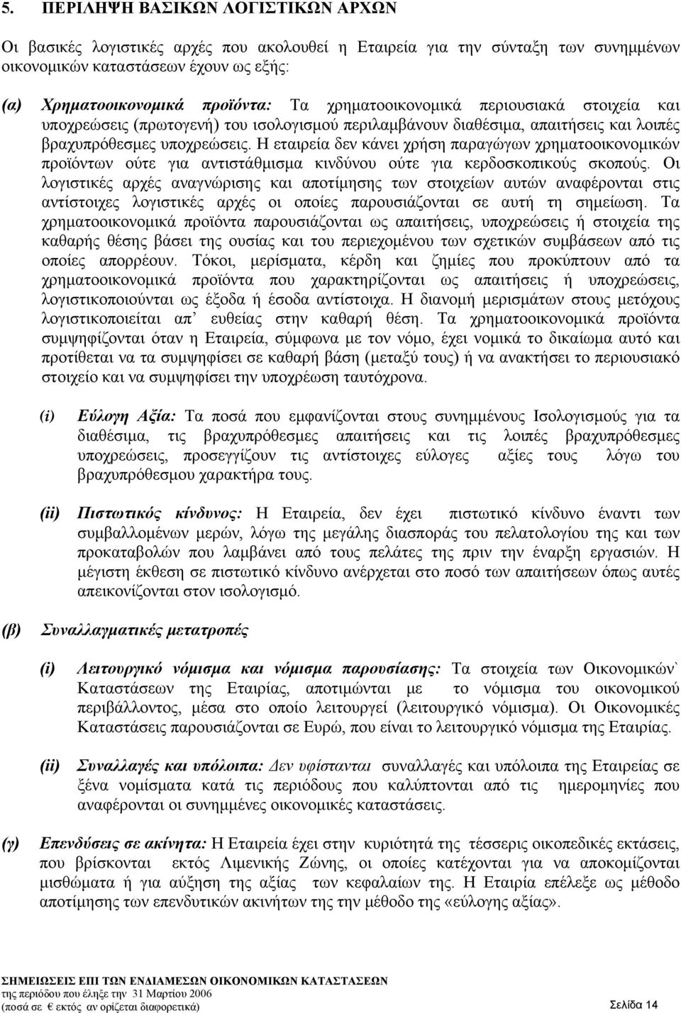 Η εταιρεία δεν κάνει χρήση παραγώγων χρηματοοικονομικών προϊόντων ούτε για αντιστάθμισμα κινδύνου ούτε για κερδοσκοπικούς σκοπούς.