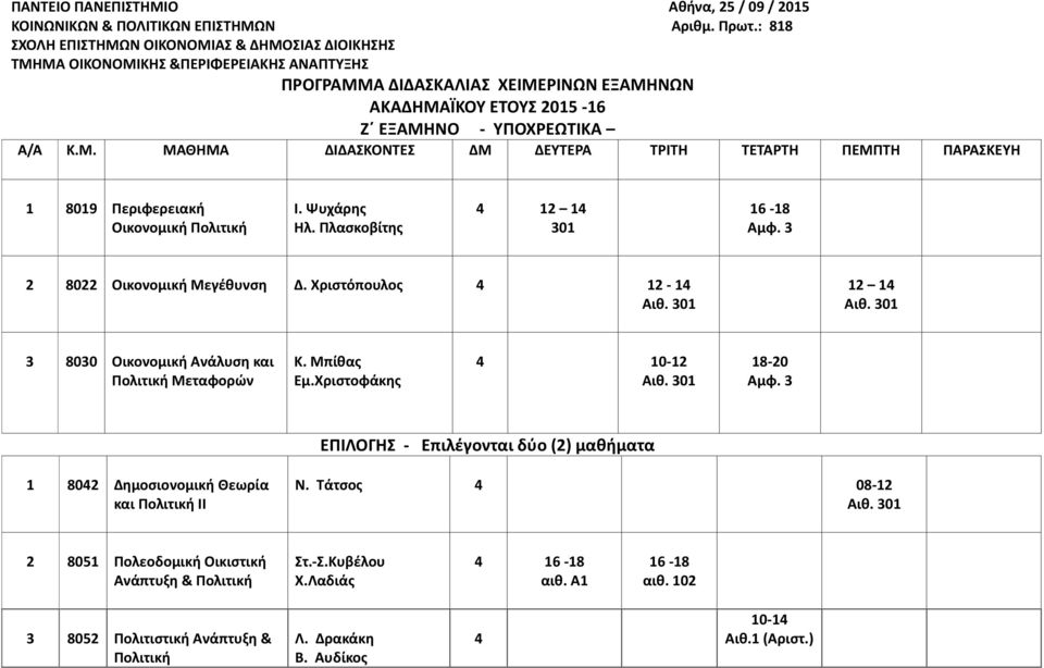 Χριστοφάκης 10-12 18-20 ΕΠΙΛΟΓΗΣ - Επιλέγονται δύο (2) μαθήματα 1 802 Δημοσιονομική Θεωρία και Πολιτική ΙΙ Ν.