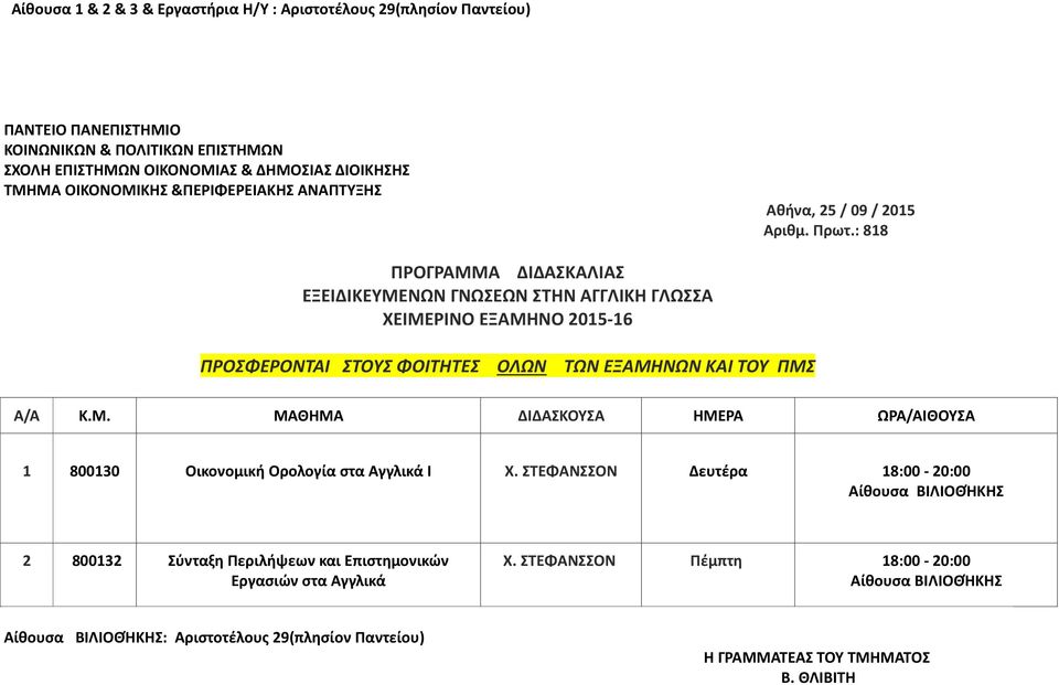 Κ.Μ. ΜΑΘΗΜΑ ΔΙΔΑΣΚΟΥΣΑ ΗΜΕΡΑ ΩΡΑ/ΑΙΘΟΥΣΑ 1 800130 Οικονομική Ορολογία στα Αγγλικά Ι Χ.