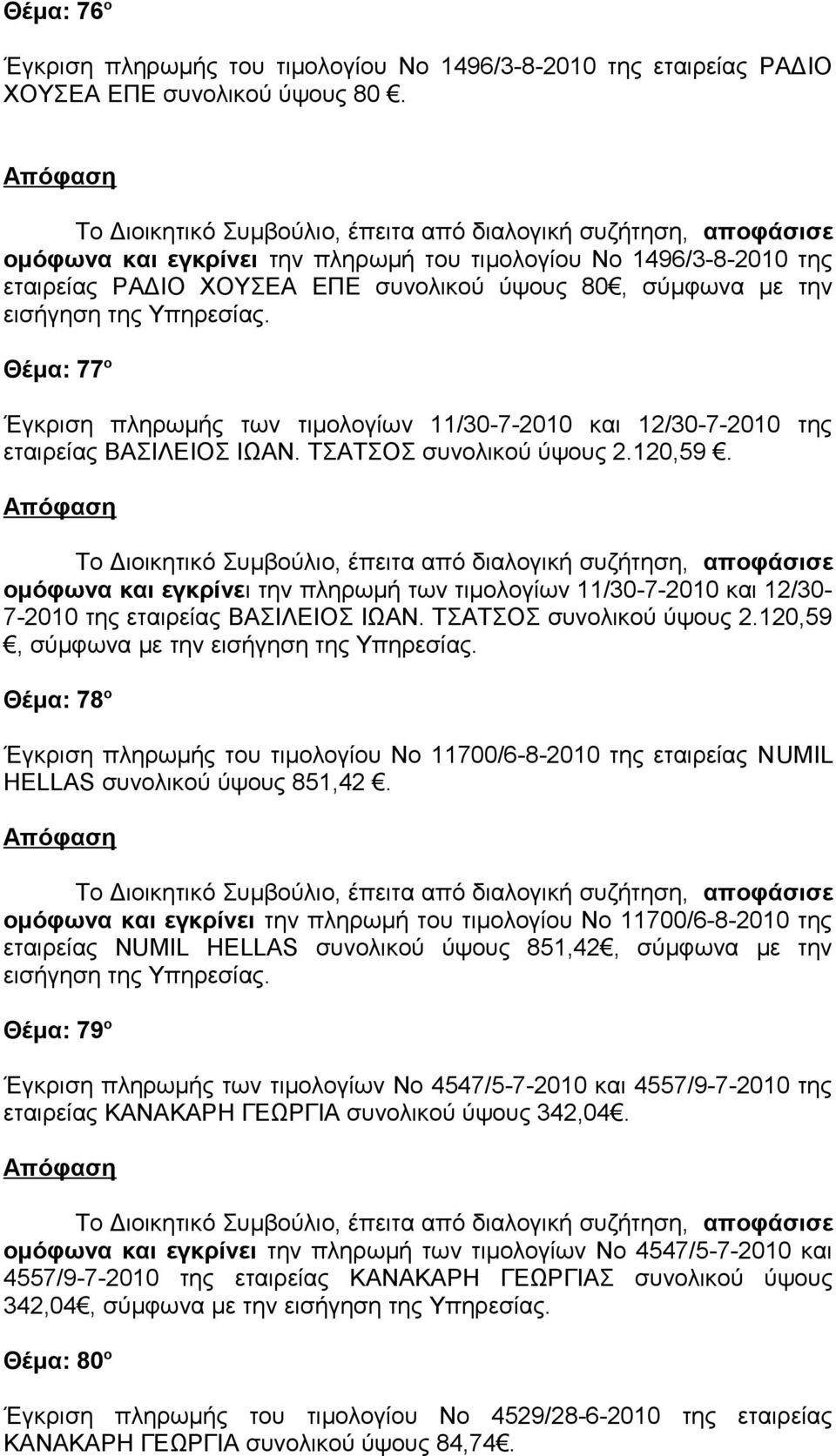 και 12/30-7-2010 της εταιρείας ΒΑΣΙΛΕΙΟΣ ΙΩΑΝ. ΤΣΑΤΣΟΣ συνολικού ύψους 2.120,59. ομόφωνα και εγκρίνει την πληρωμή των τιμολογίων 11/30-7-2010 και 12/30-7-2010 της εταιρείας ΒΑΣΙΛΕΙΟΣ ΙΩΑΝ.